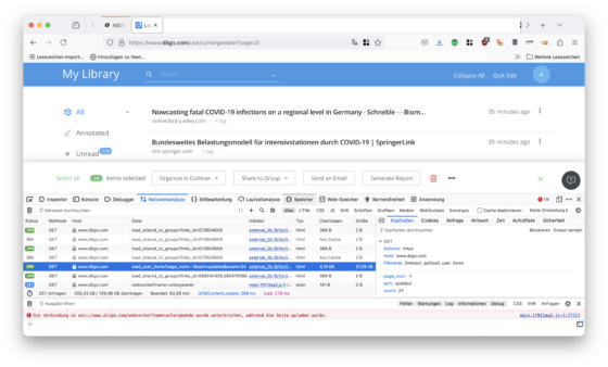 Browser tools, network tab; showing the diigo.com page using a /interact_api/load_user_items endpoint to get bookmarks
